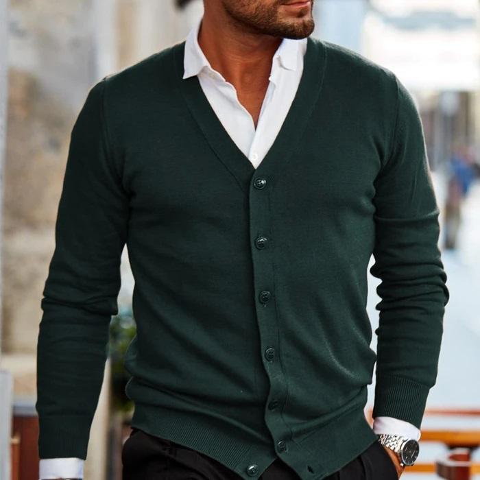 Herren-Strickjacke – V-Ausschnitt – zum Knöpfen – Strickjacke – Cardigan-Pullover-Dunkelgrün-S-Chaps Herrenmode