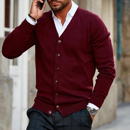Herren-Strickjacke – V-Ausschnitt – zum Knöpfen – Strickjacke – Cardigan-Pullover-Dunkelrot-S-Chaps Herrenmode