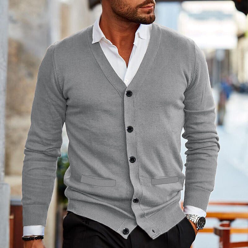Herren-Strickjacke – V-Ausschnitt – zum Knöpfen – Strickjacke – Cardigan-Pullover-Grau-S-Chaps Herrenmode