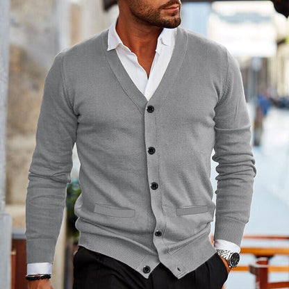 Herren-Strickjacke – V-Ausschnitt – zum Knöpfen – Strickjacke – Cardigan-Pullover-Grau-S-Chaps Herrenmode