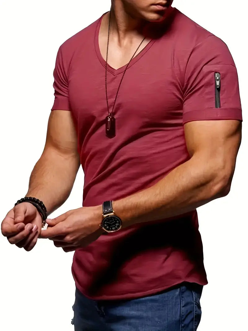 Herren-T-Shirt | Lässig | Leicht | T-Shirt mit V-Ausschnitt | Herrenbekleidung-Burgunderrot-S-Chaps Herrenmode