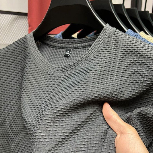 Herren-T-Shirt – Lässiges, schlichtes T-Shirt mit Rundhalsausschnitt und Struktur-Grau-M-Chaps Herrenmode