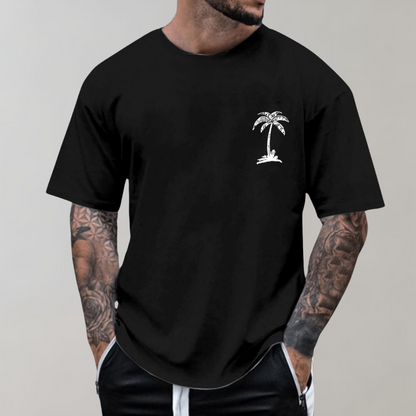 Herren T-Shirt - Palmenprint - Relaxed Fit - T-Shirt mit Rundhalsausschnitt - Herrenbekleidung-Schwarz-S-Chaps Herrenmode