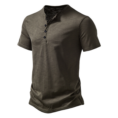 Herren T-Shirt - Quarter Button - Leichtgewicht - Schlichtes T-Shirt - Sommerhemd-Armeegrün-S-Chaps Herrenmode