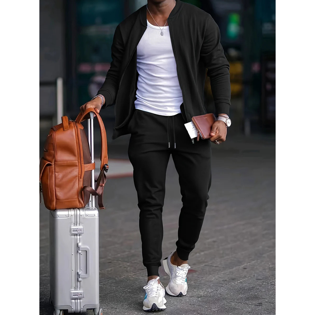 Herren-Trainingsanzug | Casual | Zip-Up | Sweatshirt und Jogger Set | Sweats Anzug-Schwarz-S-Chaps Herrenmode