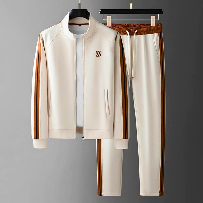 Herren-Trainingsanzug – mit Reißverschluss – gestreift – Jogginganzug – zweiteiliges Set-Beige-M-Chaps Herrenmode