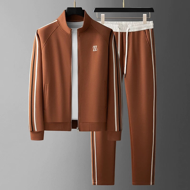 Herren-Trainingsanzug – mit Reißverschluss – gestreift – Jogginganzug – zweiteiliges Set-Braun-M-Chaps Herrenmode