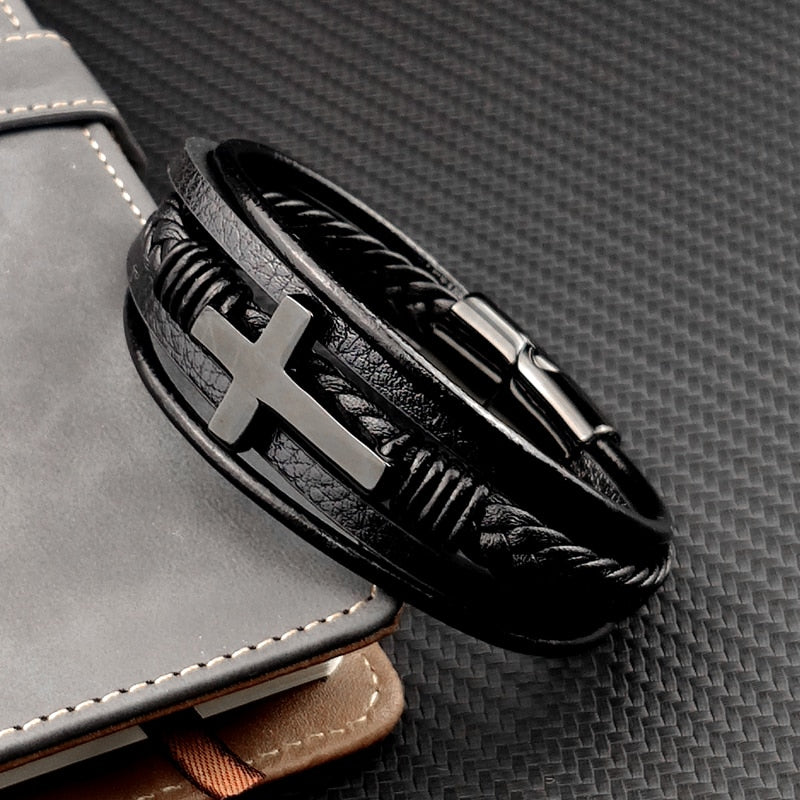 Herrenarmband | Magnetverschluss | Schwarz | Geflochtenes Armband | Lederarmband-19cm-Chaps Herrenmode
