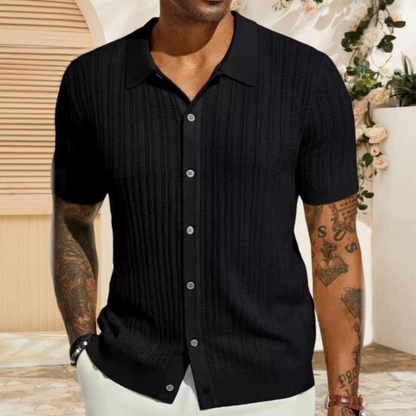 Herrenhemd - Gestrickt - Kurzarm - Sweater T-Shirt - Button-Up Shirt-Schwarz-S-Chaps Herrenmode