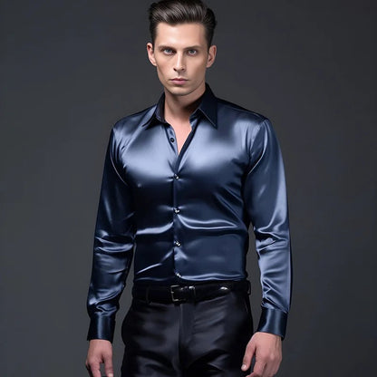Herrenhemd | Langarm | Slim Fit | Hemd mit Knöpfen | Glänzendes Hemd-Blau-S-Chaps Herrenmode