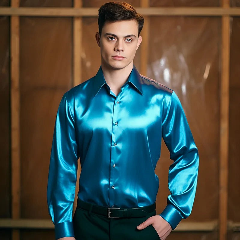 Herrenhemd | Langarm | Slim Fit | Hemd mit Knöpfen | Glänzendes Hemd-Himmelblau-S-Chaps Herrenmode