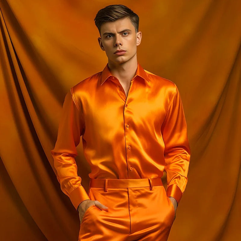 Herrenhemd | Langarm | Slim Fit | Hemd mit Knöpfen | Glänzendes Hemd-Orange-S-Chaps Herrenmode