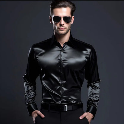 Herrenhemd | Langarm | Slim Fit | Hemd mit Knöpfen | Glänzendes Hemd-Schwarz-S-Chaps Herrenmode