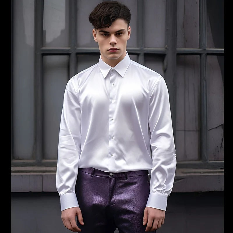Herrenhemd | Langarm | Slim Fit | Hemd mit Knöpfen | Glänzendes Hemd-Weiß-S-Chaps Herrenmode