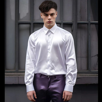 Herrenhemd | Langarm | Slim Fit | Hemd mit Knöpfen | Glänzendes Hemd-Weiß-S-Chaps Herrenmode