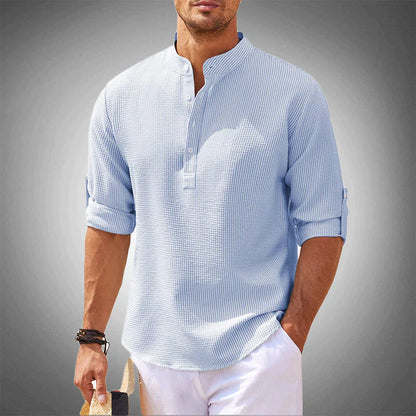 Herrenhemd - Loose Fit - Leichtgewicht - Langarm - Hemd mit halber Knopfleiste-Blau-XS-Chaps Herrenmode