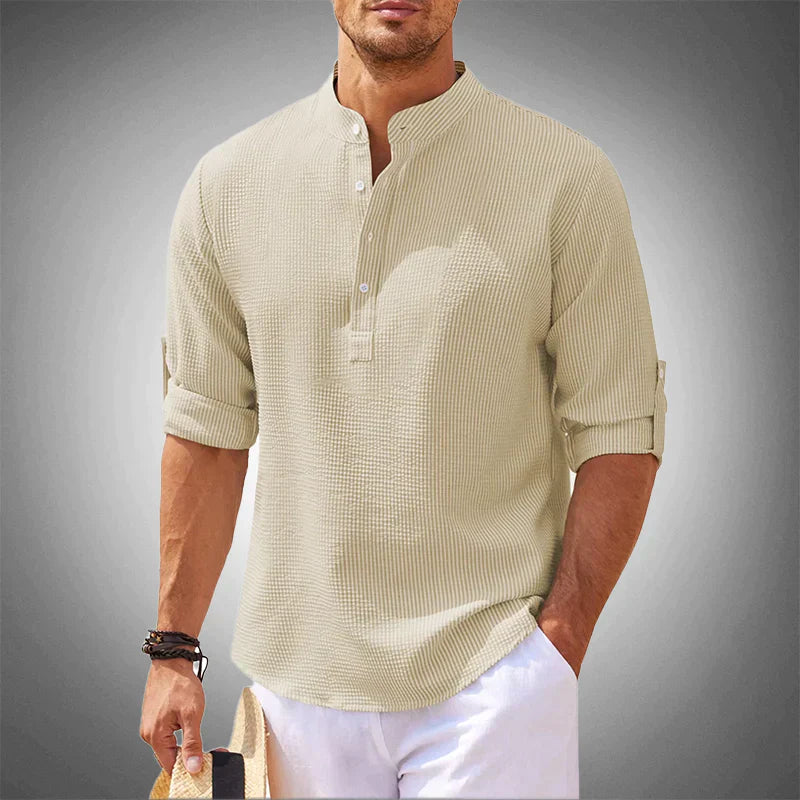Herrenhemd – mit Knöpfen – leicht – langärmlig – Polohemd-Beige-S-Chaps Herrenmode