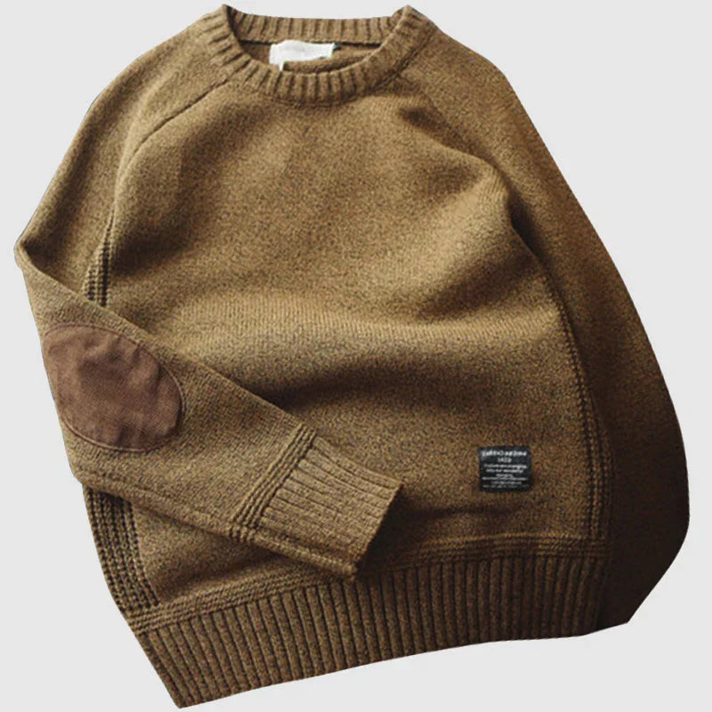 Herrenpullover – Ellbogen-Aufnäher – normale Passform – Herren-Strickpullover – Strickpullover-Braun-S-Chaps Herrenmode