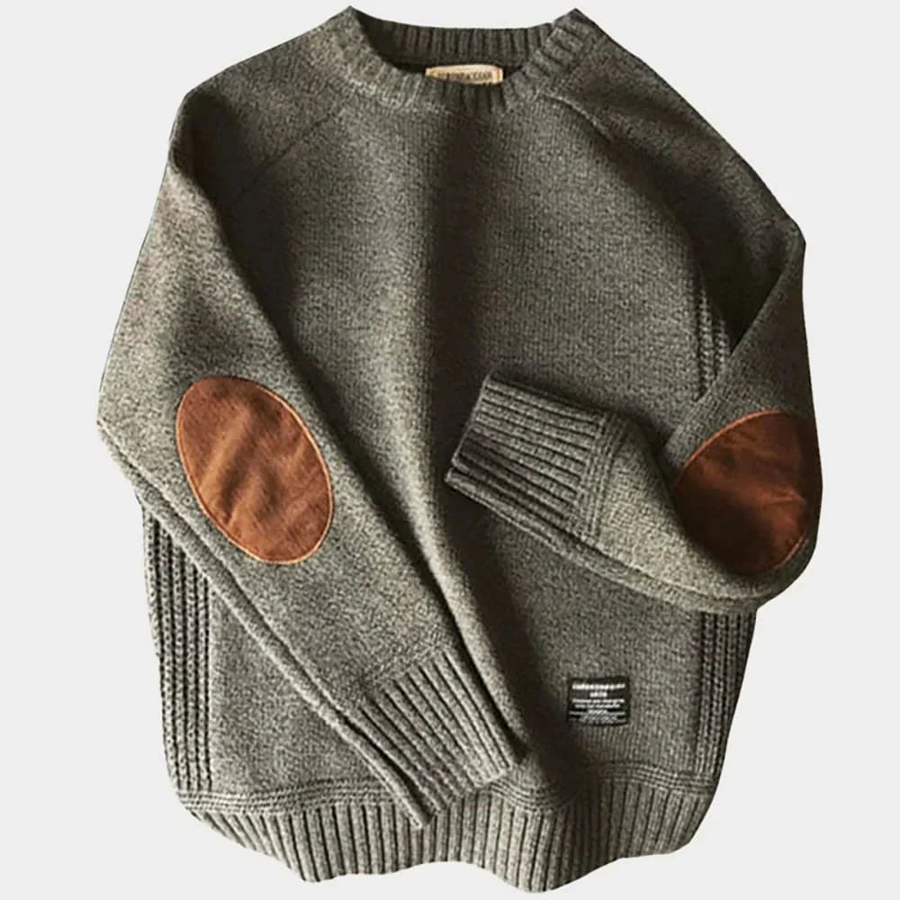 Herrenpullover – Ellbogen-Aufnäher – normale Passform – Herren-Strickpullover – Strickpullover-Grau-S-Chaps Herrenmode