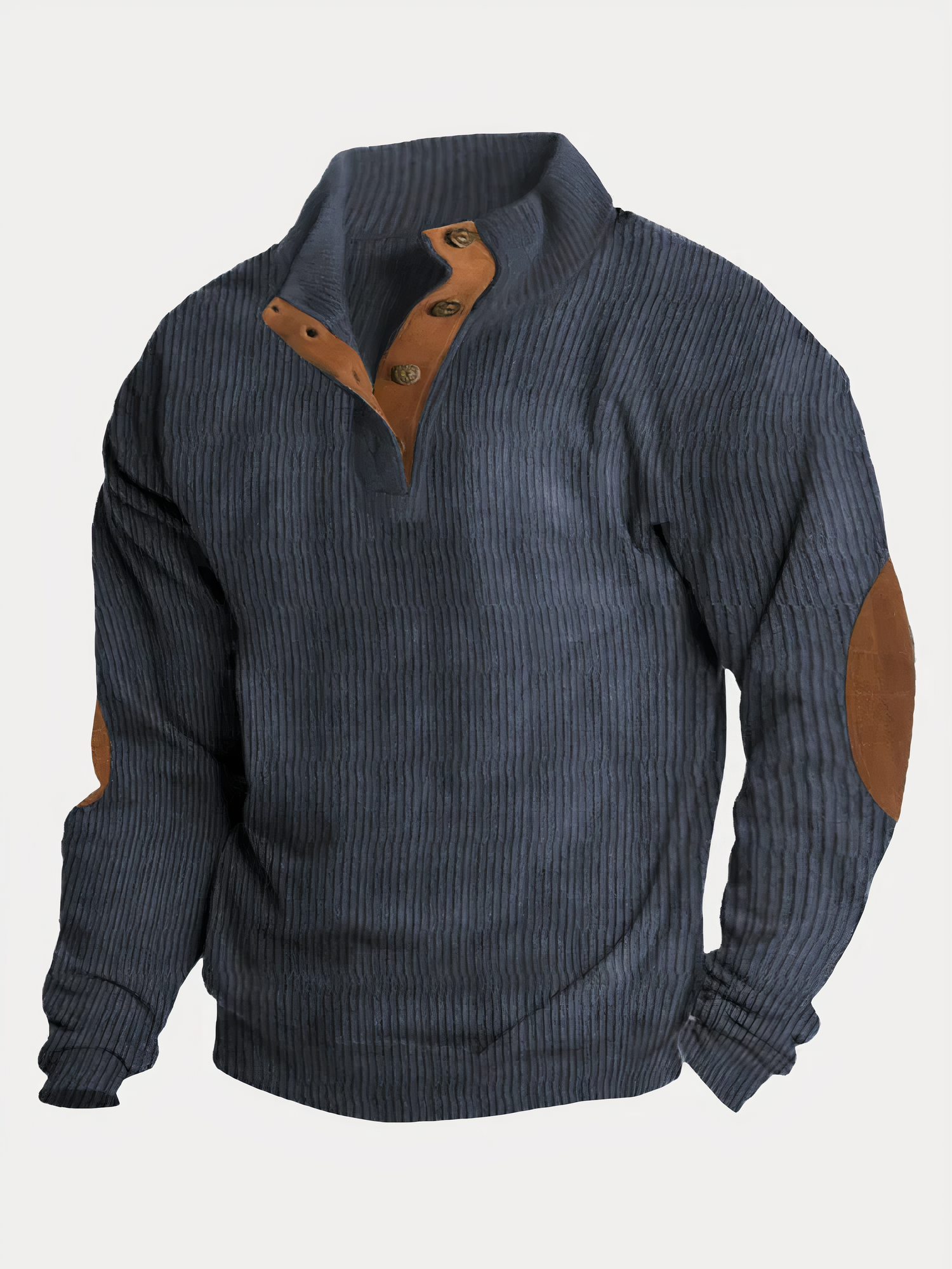 Herrenpullover - Vintage Pullover mit halber Knopfleiste und Ellbogenaufnähern-Blau-S-Chaps Herrenmode