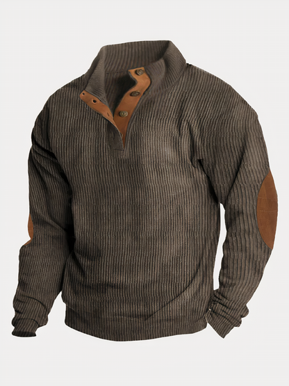 Herrenpullover - Vintage Pullover mit halber Knopfleiste und Ellbogenaufnähern-Braun-S-Chaps Herrenmode