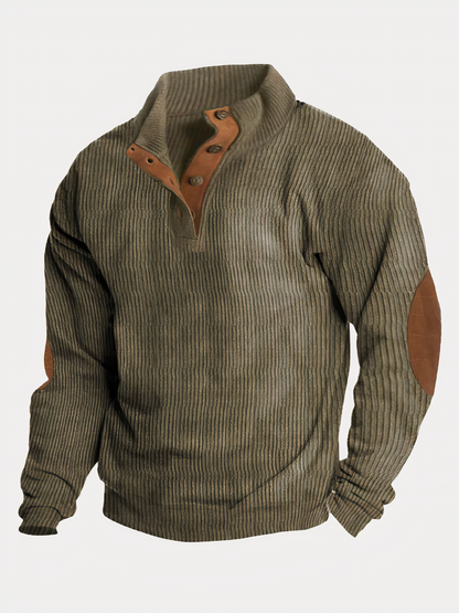 Herrenpullover - Vintage Pullover mit halber Knopfleiste und Ellbogenaufnähern-Grün-S-Chaps Herrenmode