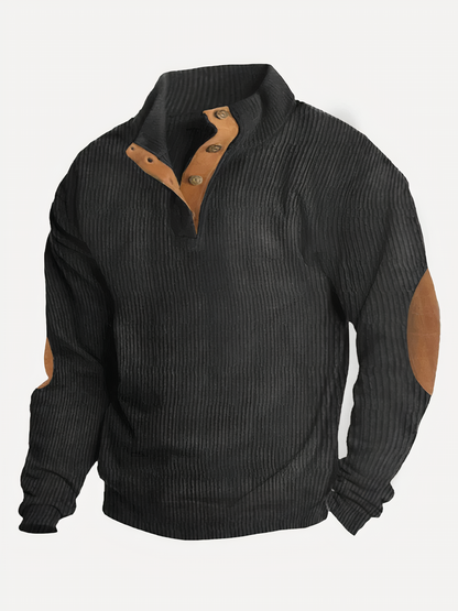 Herrenpullover - Vintage Pullover mit halber Knopfleiste und Ellbogenaufnähern-Schwarz-S-Chaps Herrenmode