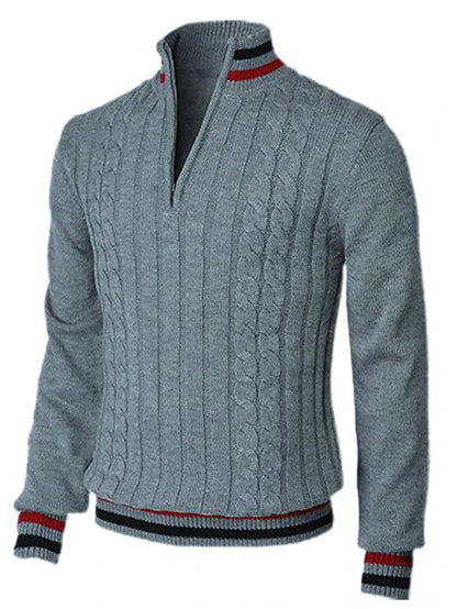 Herrenpullover mit Viertelreißverschluss | Zopfmuster | Gestrickt | Polopullover | Pullover mit halbem Reißverschluss für Herren-Grau-S-Chaps Herrenmode