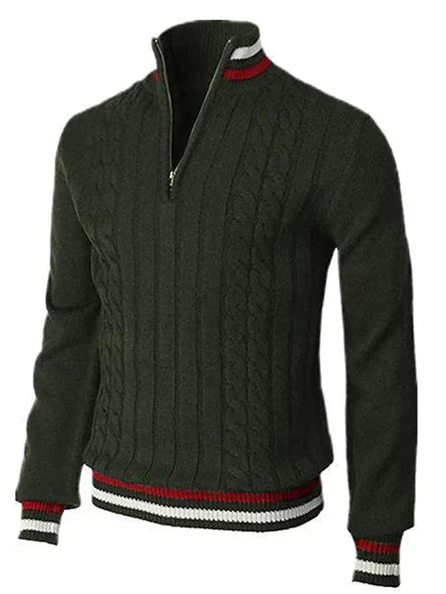Herrenpullover mit Viertelreißverschluss | Zopfmuster | Gestrickt | Polopullover | Pullover mit halbem Reißverschluss für Herren-Grün-S-Chaps Herrenmode
