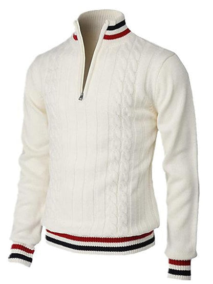 Herrenpullover mit Viertelreißverschluss | Zopfmuster | Gestrickt | Polopullover | Pullover mit halbem Reißverschluss für Herren-Weiß-S-Chaps Herrenmode