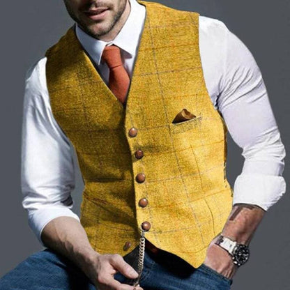 Herrenweste - Einreihig - Ärmellos - Tweedweste - Karierte Weste-Gelb-S-Chaps Herrenmode
