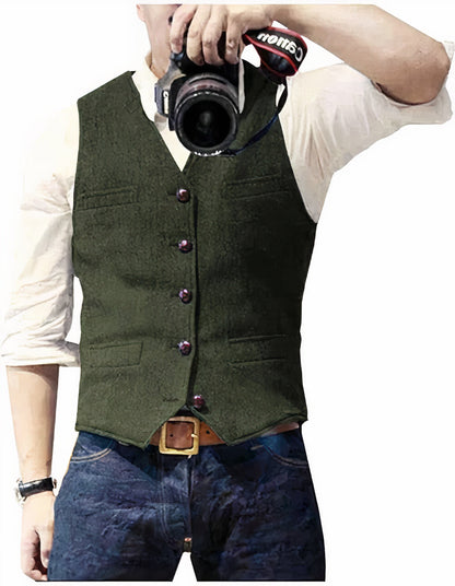 Herrenweste | Einreihig | Taschen | Tweedweste | Anzugweste-Grün-XS-Chaps Herrenmode