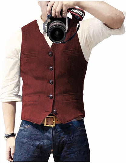 Herrenweste | Einreihig | Taschen | Tweedweste | Anzugweste-Rot-XS-Chaps Herrenmode