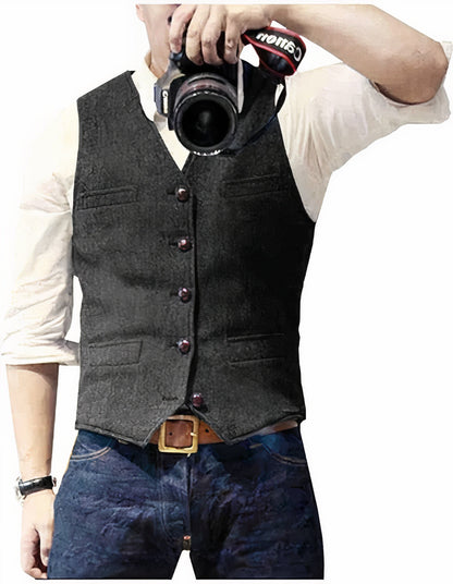 Herrenweste | Einreihig | Taschen | Tweedweste | Anzugweste-Schwarz-XS-Chaps Herrenmode