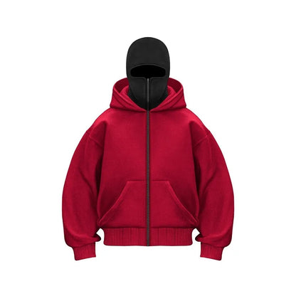 Hoodie mit Maske – Warmer Herren-Hoodie mit Reißverschluss und Gesichtsmaske-Rot-S-Chaps Herrenmode