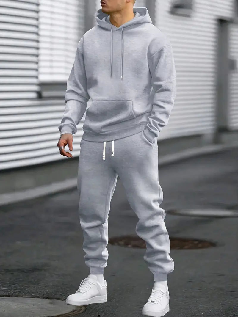 Hoodie und Jogginghose Set – Bequemer zweiteiliger Trainingsanzug für Herren-Hellgrau-S-Chaps Herrenmode