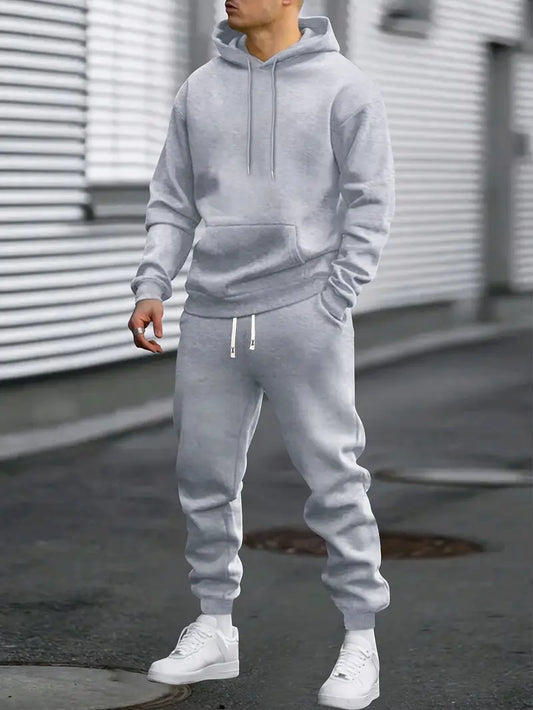 Hoodie und Jogginghose Set – Bequemer zweiteiliger Trainingsanzug für Herren-Hellgrau-S-Chaps Herrenmode