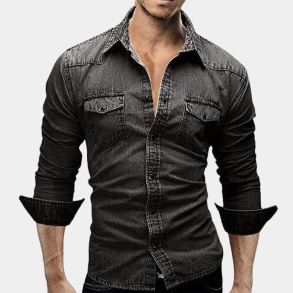 Jeanshemd - Slim Fit - Long Sleeve - Buttoned Up Shirt - Men's Shirts-Schwarz-M-Chaps Herrenmode
