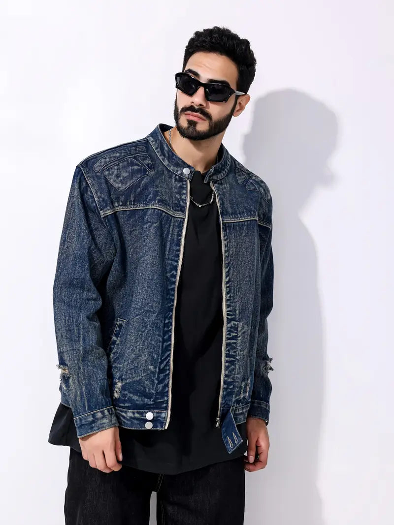 Jeansjacke – Dunkelblaue Jeansjacke mit Reißverschluss für Männer-Dunkelblau-M-Chaps Herrenmode