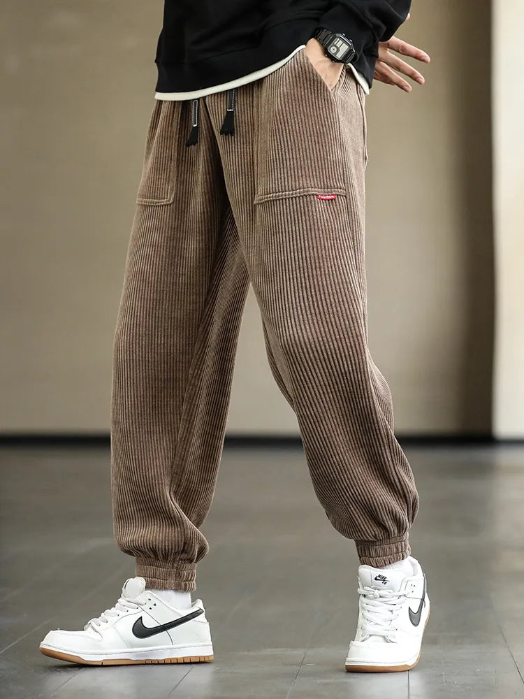 Jogger - Herren Drawstring Loose Fit Baggy Cordhosen-Khaki-M-Chaps Herrenmode