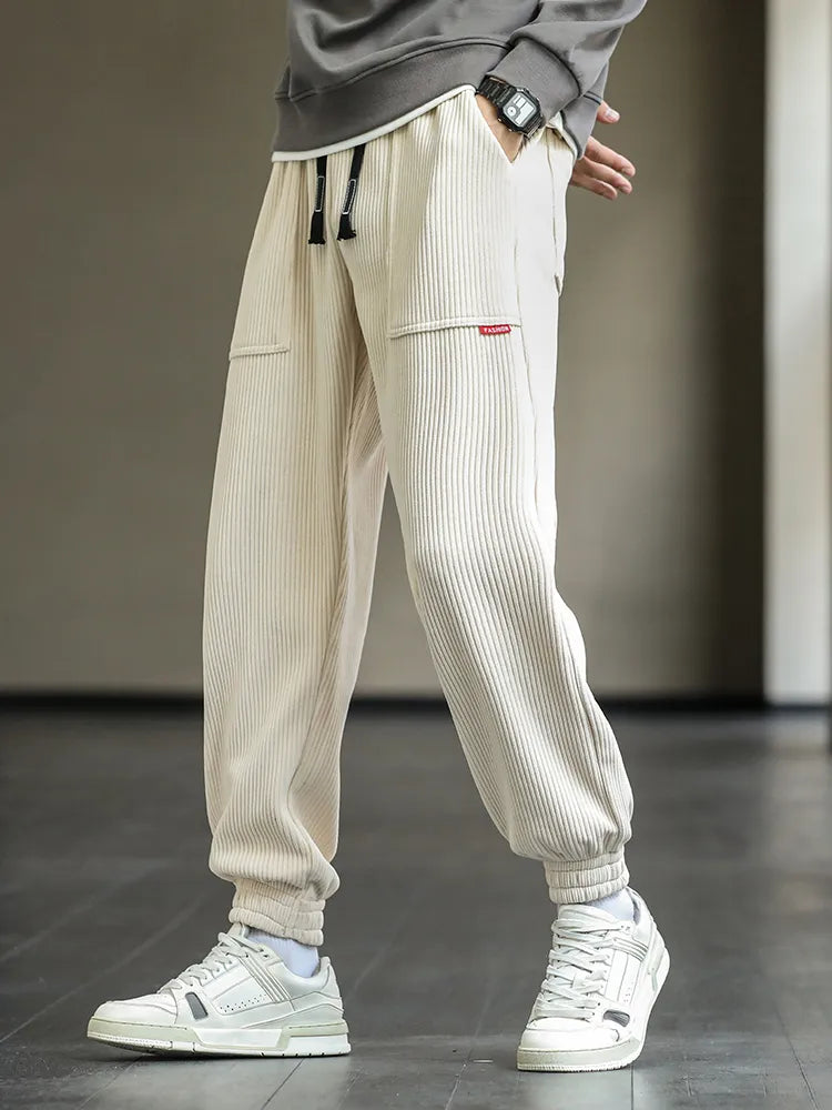Jogger - Herren Kordhosen mit Kordelzug Lose Passform Baggy Corduroy Hosen-Beige-M-Chaps Herrenmode