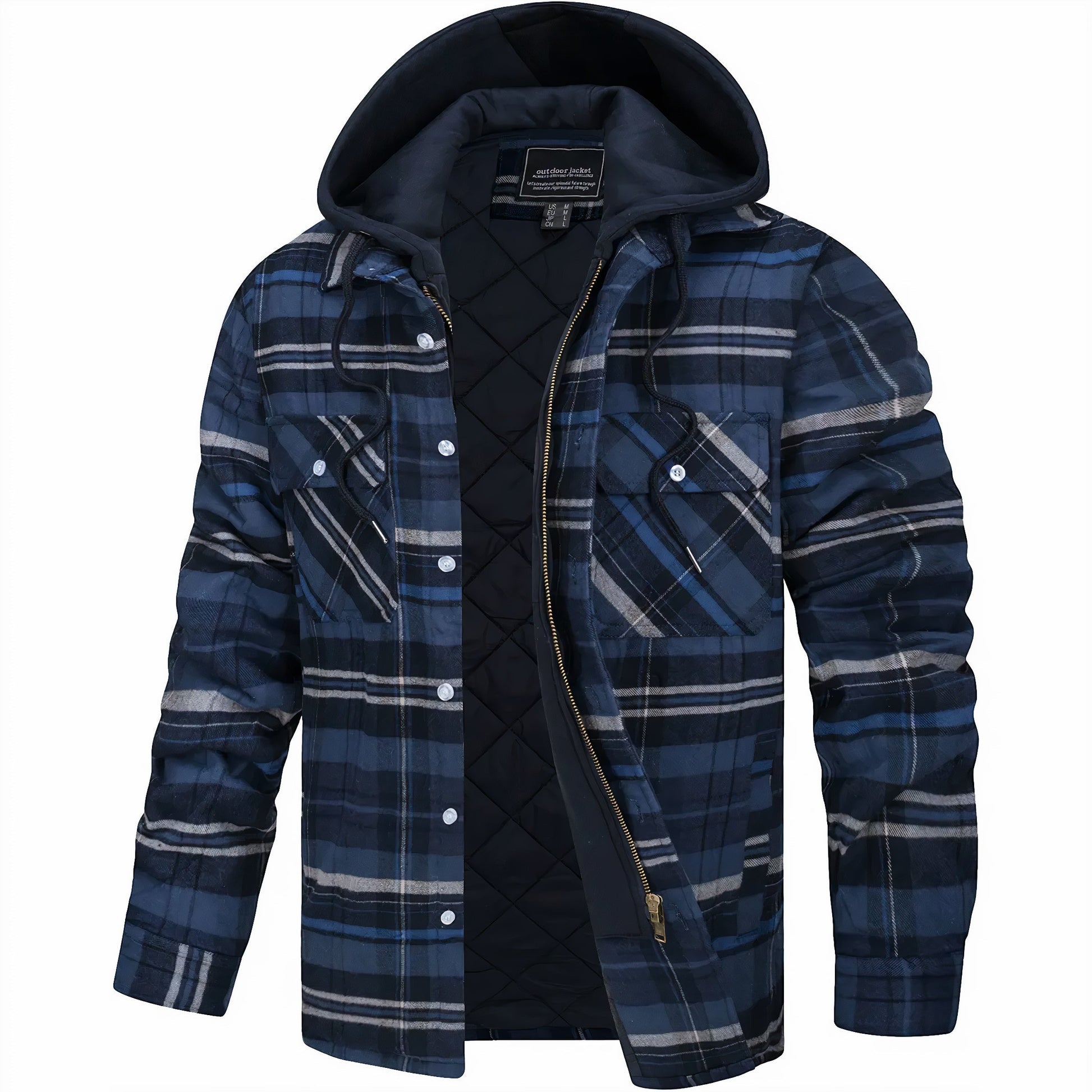 Kapuzenjacke - Kariert - Gestepptes Innenfutter - Zip-Up Hoodie - Herrenjacke-Dunkelblau-S-Chaps Herrenmode