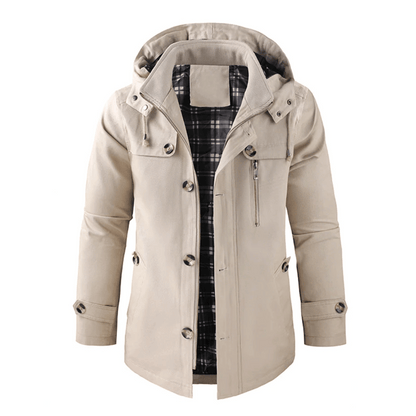 Kapuzenjacke - Winddichte einreihige Jacke mit Reißverschluss für Männer-Beige-S-Chaps Herrenmode