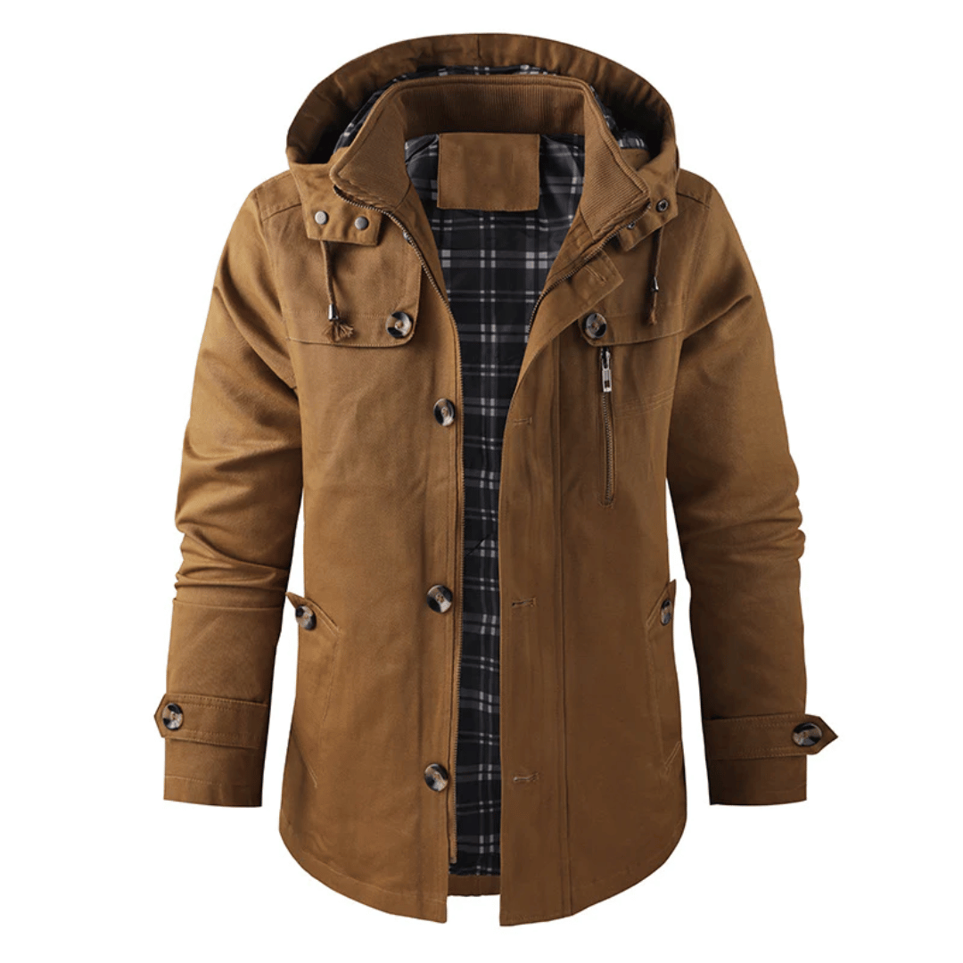 Kapuzenjacke - Winddichte einreihige Jacke mit Reißverschluss für Männer-Braun-S-Chaps Herrenmode