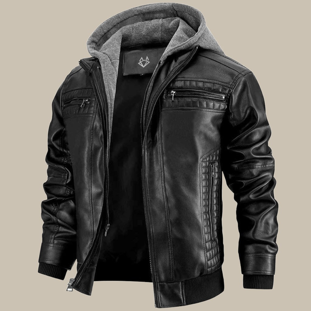 Kapuzenjacke aus Leder – Herrenjacke mit Kapuze und Reißverschluss aus Leder-Schwarz-S-Chaps Herrenmode