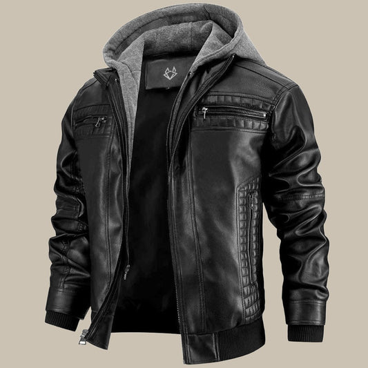 Kapuzenjacke aus Leder – Herrenjacke mit Kapuze und Reißverschluss aus Leder-Schwarz-S-Chaps Herrenmode