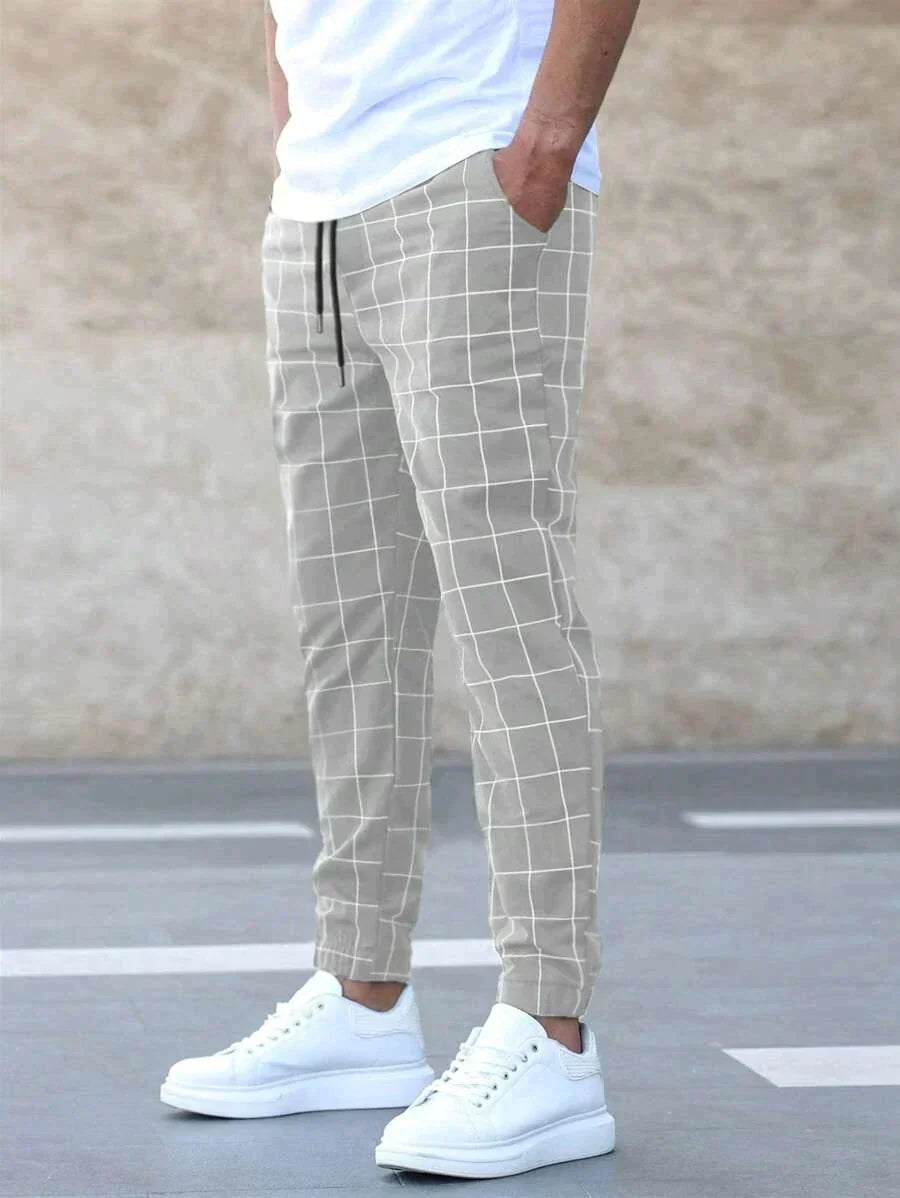Karierte Hose - Kordelzug - Elastische Knöchel - Jogger - Modische Herrenhosen-Hellgrau-S-Chaps Herrenmode