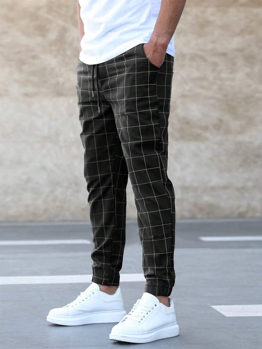 Karierte Hose - Kordelzug - Elastische Knöchel - Jogger - Modische Herrenhosen-Schwarz-S-Chaps Herrenmode