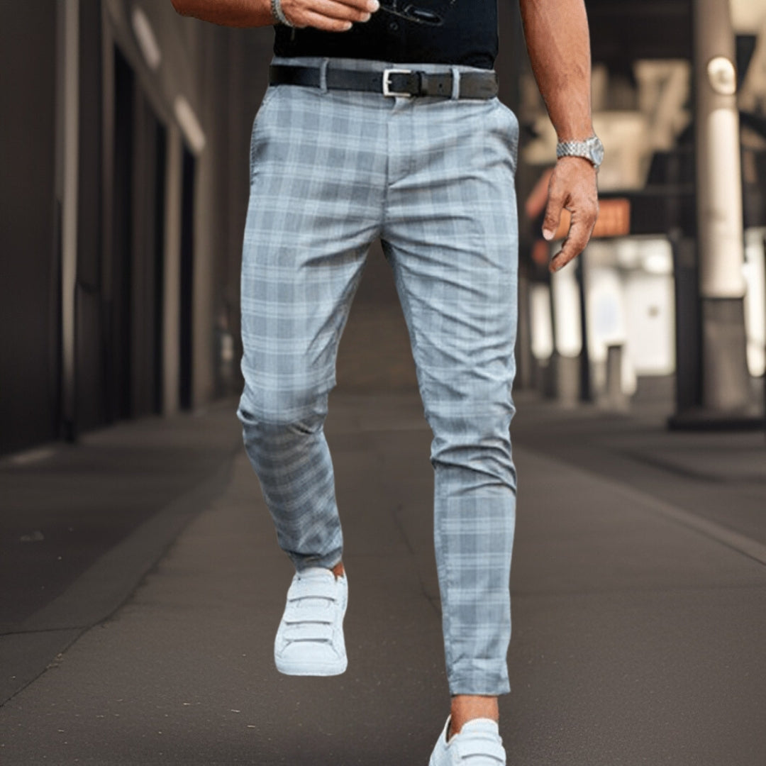 Karierte Hose – Schottenkaro – Slim Fit – Chino – Herrenhose-Blau-S-Chaps Herrenmode