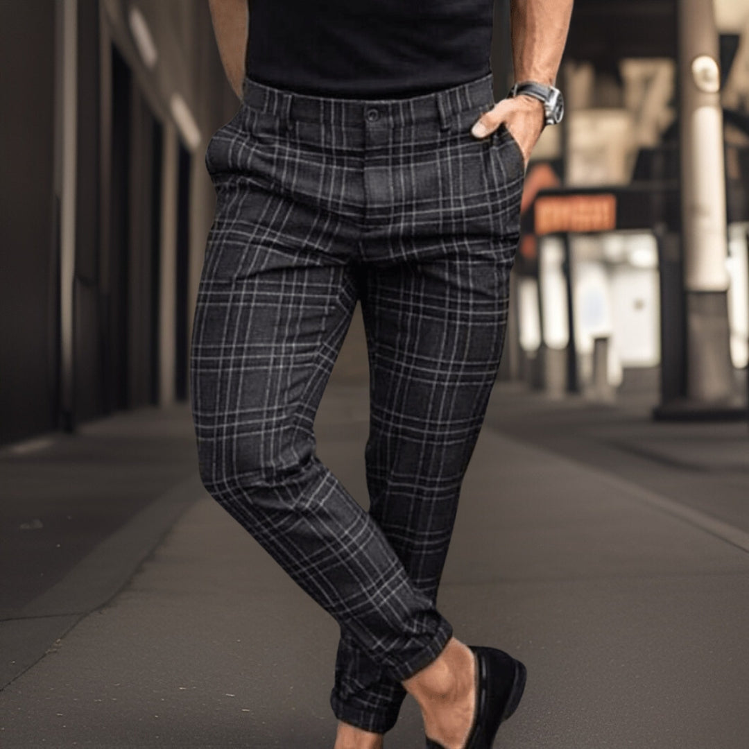 Karierte Hose – Schottenkaro – Slim Fit – Chino – Herrenhose-Dunkelgrau-S-Chaps Herrenmode